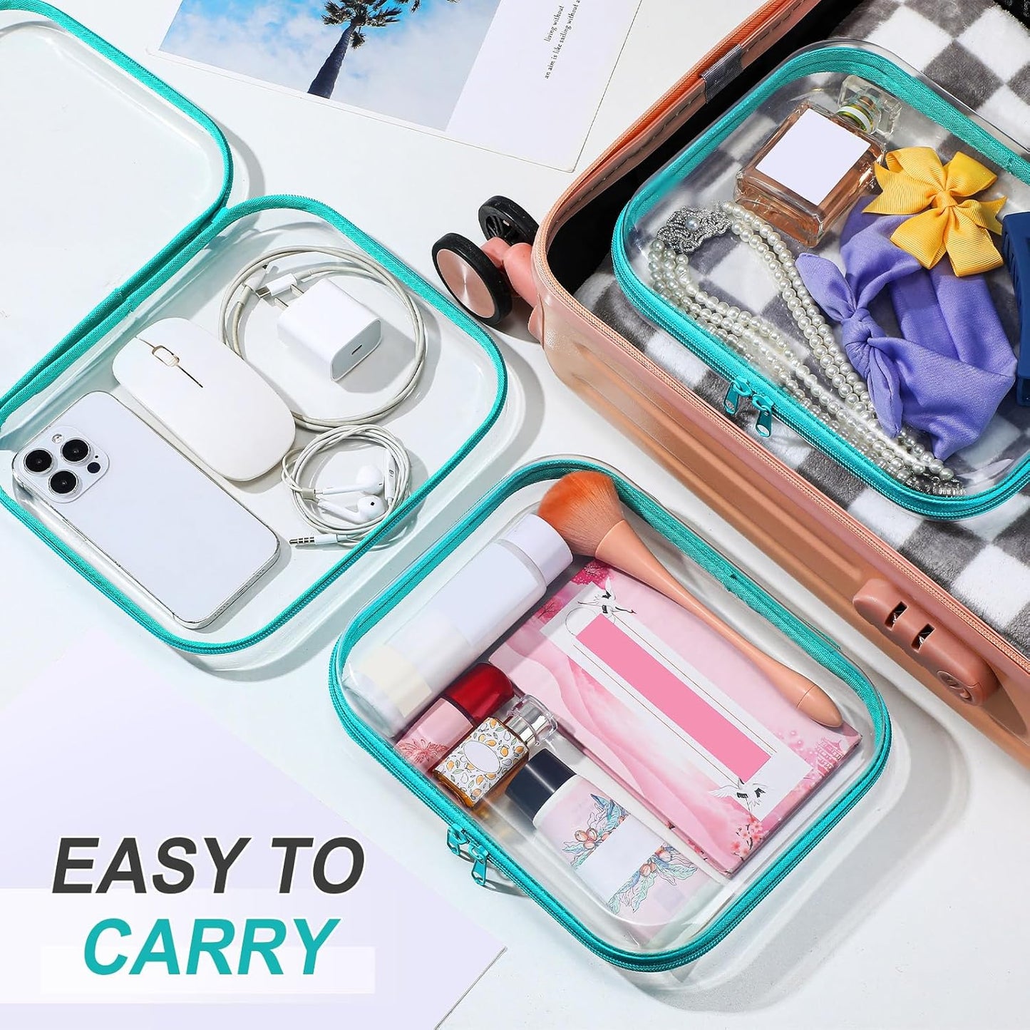 Sanwuta 6 Pcs Clear Hard Zipper Case Pencil Pouches Hard Plastic Zipper Pouches Makeup Bag Transparent Cases for Snacks Plastic Storage Organizer Box for Travel(Teal,7.87 x 5.9 x 2 Inch)