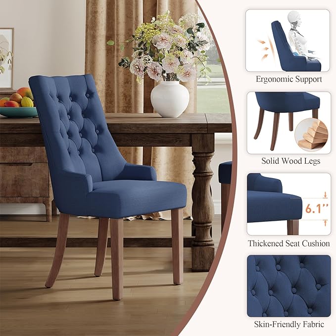 COLAMY Wingback Upholstered Side Dining Room Chairs Set of 4, Fabric Dining Chairs with Tufted Button, Living Room Chairs for Home Kitchen, Blue