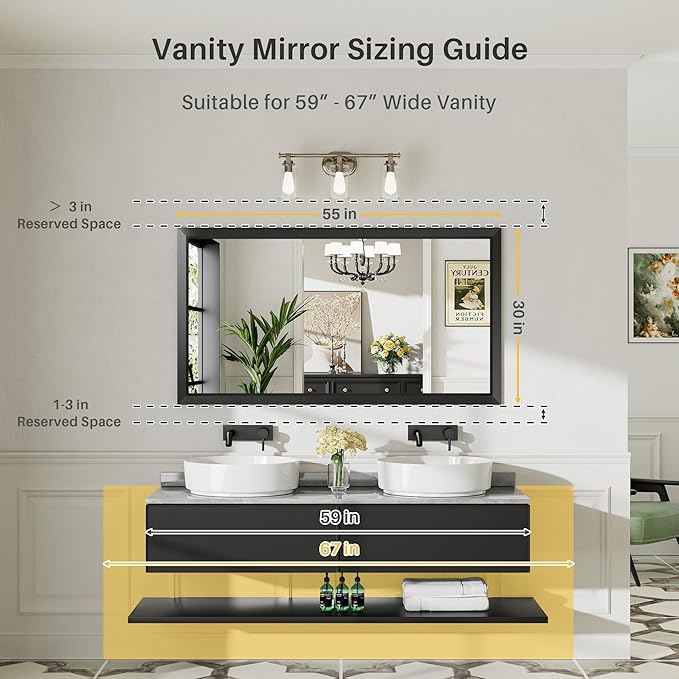 55x30 Inch Black Bathroom Mirror for Wall, Thick Metal Framed Rectangle Mirrors for Over Sink, Bedroom, Living Room, Entryway, Anti-Rust, HD Tempered Glass