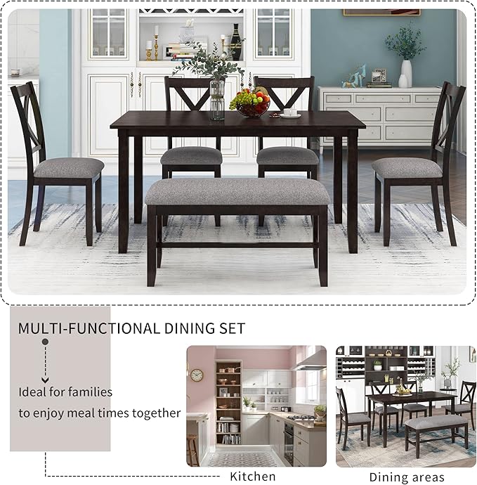 SogesPower 6-Piece Kitchen Dining Table Set for 4-6,Rectangular Dining Table with 4 Fabric Chairs & 1 Bench for Dining Room Living Room,Espresso