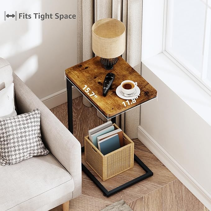 QEEIG C Shaped Side Table Set of 2 Living Room Sets Couch Tray Tables Small Farmhouse 11.8 inch Width, Rustic Brown (017A-30BN)