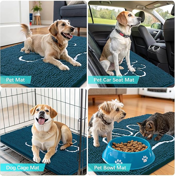 OLANLY Door Mat for Muddy Dog Paws 59x35, Absorbent Chenille Mud Doormat with Paw Print Design, Non-Slip Washable Doormat for Indoor Entryway, Quick-Dry Pet Bed Mats for Dirty Dogs, Atlantic Blue