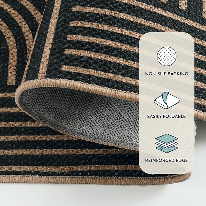 Lahome Modern Geometric Outdoor Easy Jute Rug, 5x7 Patio Living Room Rug Large Black Carpet for Bedroom, Farmhouse Washable Indoor Outdoor Carpet for Dining Room Backyard Deck