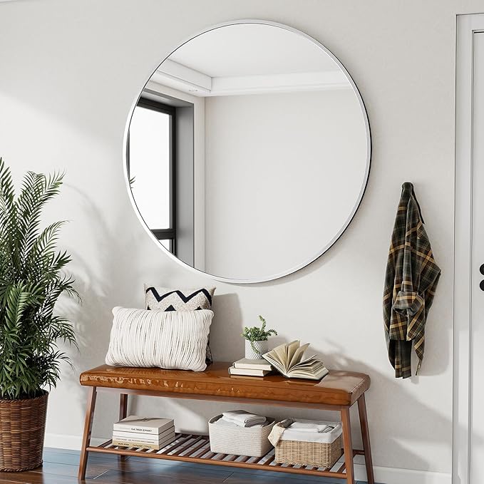 Black Round Bathroom Mirror, 42 inch Large Circle Wall Mounted Hanging Mirror with Simple Modern Circular Metal Frame for Hallway, Entryway, Living Room, Silver Frame