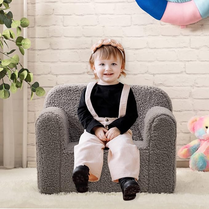 ALIMORDEN Kids Ultra-Soft Snuggle Foam Filled Chair, Toddler Cuddly Sherpa Reading Couch for Boys and Girls, Grey