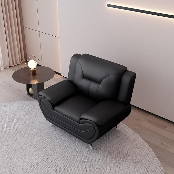 Container Furniture Direct Michael Modern Faux Leather Upholstered Stainless Steel Legs Living Room, Chair, Midnight Black