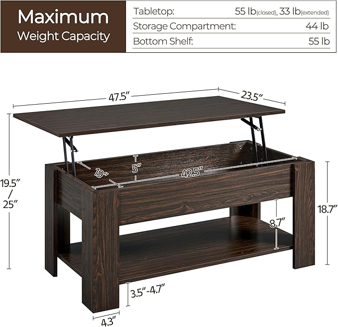 Yaheetech Lift Top Coffee Table with Hidden Compartment and Storage Shelf, Rising Tabletop Dining Table for Living Room Reception Room, 47.5in L, Espresso