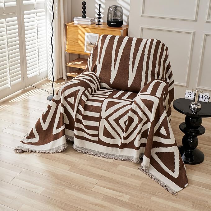 STACYPIK Boho Chocolate Beige Sofa Cover Anti-Slip Reversible Couch Cover for 2 Cushion Couch Soft Chenille Armchair Slipcovers L Shaped Cover for Sectional Furniture Protector for Kids Dogs-71X90IN