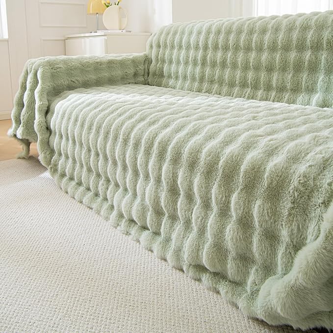 VM VOUGEMARKET Thick Faux Rabbit Fur Couch Cover 1-Piece Non-Slip Warm Soft Cozy Sofa Covers,Fluffy Plush Sofa Slipcover Furniture Protector for Kids,Pets(Green,71" x 118")