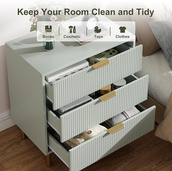 Green Dresser, Modern 3 Drawer Dresser for Bedroom with Gold Handle and Large Drawer, Wood Double Chest of Drawers and Storage Organizer for Living Room, Hallway, Entryway