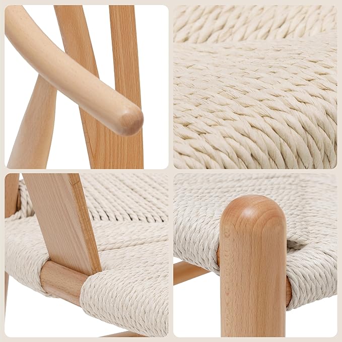 POLY & BARK Weave Dining Chairs – Mid-Century Modern Wishbone Dining Chairs with Arms, Solid Wood Frame, Indoor Use – Natural – Set of 2 - Ideal for Dining Room, Kitchen or Stylish Accent Setting