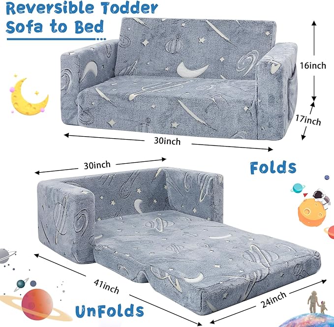 Toddler Chair Comfy,2-in-1 Soft Toddler Couch Fold Out for Kids,Convertible Sofa to Lounger,Gift for Girls and Boys Birthday,Space,Large