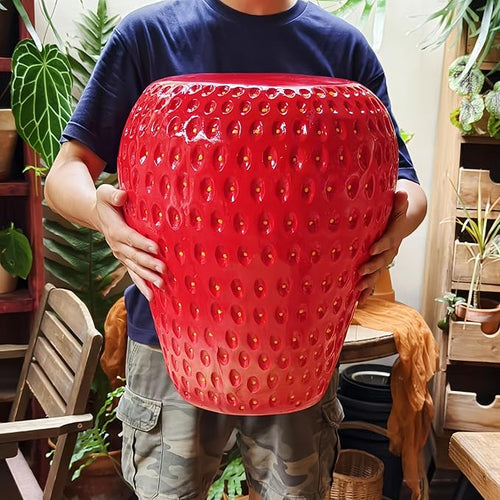 18" Red Strawberry Stool Statue Fruit-Inspired Side Table Indoor Outdoor Accent Seat Plant Stand MGO Garden Stool for Patio Balcony or Living Room Decor