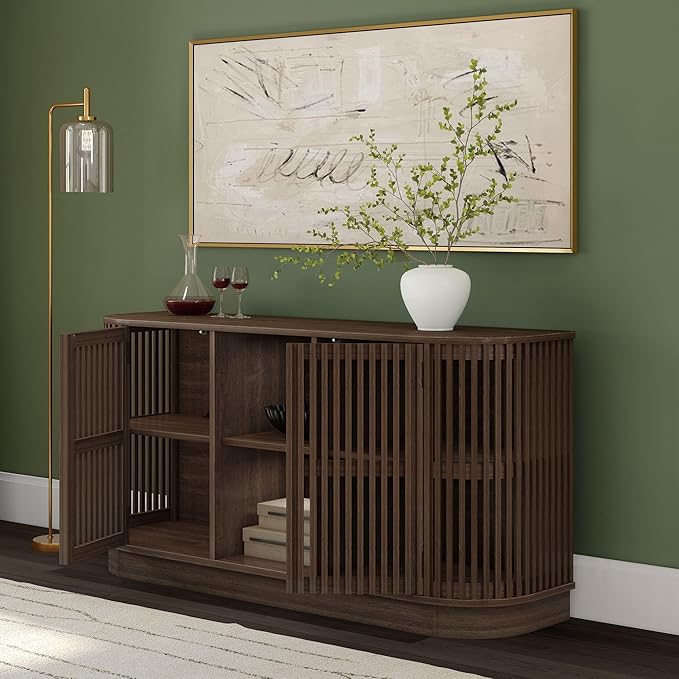 Plank+Beam Contour Wood TV Stand, Two Door Solid Wood Entertainment Console with Storage, 59" L x 16" W x 30" H, Walnut