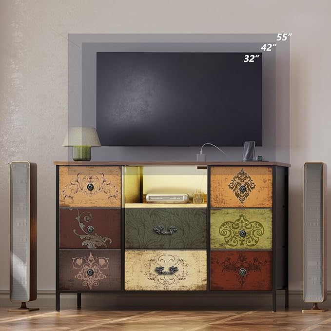 Pattern Dresser with LED Lights and Power Outlets, Dresser TV Stand with 8 Drawers for 55" TV, Fabric Chest of Drawers for Bedroom, Living Room, Entryway