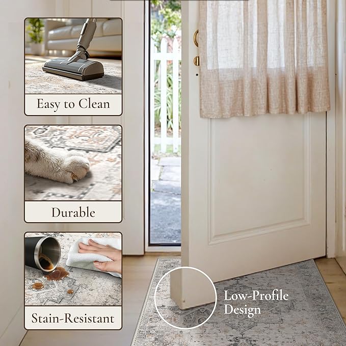 GENIMO Runner Rug 2x12, Non Slip Vintage Hallway Runner Rugs, Low Pile Lightweight Machine Washable Mat for Hallway, Entryway, Bedroom, Kitchen and Corridor,Light Taupe Brown