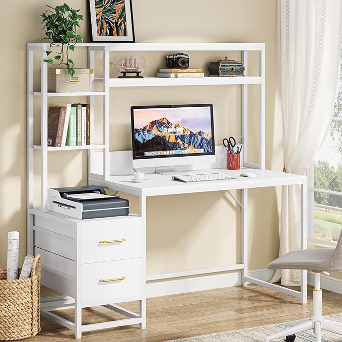 Tribesigns 55 Inch Computer Desk with 2 Drawers and Storage Shelves, Rustic Office Desk with Hutch, Study Writing Gaming Table Laptop Workstation for Home Office (White)