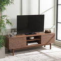 SAFAVIEH Aricia TV Stand for up to 65" Flatscreen – Walnut, 2 Sliding Doors with Interior Storage, 1 Open Shelf, Entertainment Media Console (MED9633A)
