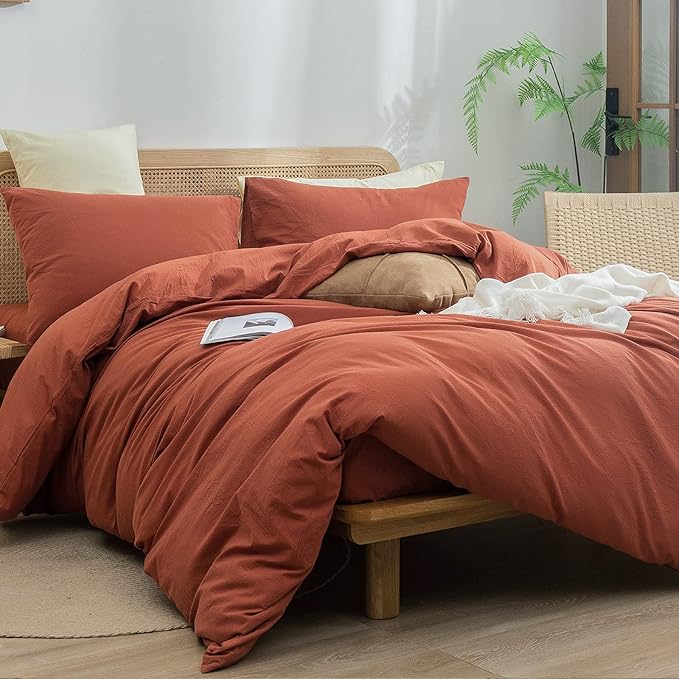 BESTOUCH Duvet Cover Set 100% Washed Cotton Linen Feel Super Soft Comfortable Chic Lightweight 3 PCs Home Bedding Set Solid Crimson Red Full/Double