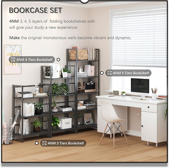 4NM No-Assembly Folding Bookshelf Storage Shelves 4 Tiers Vintage Bookcase Standing Racks Study Organizer Home Office (All Black)