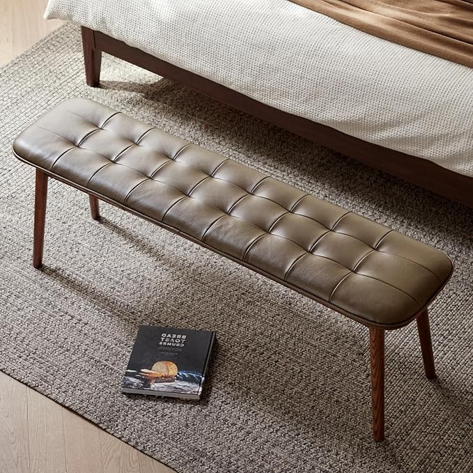 Upholstered Bench, 51.18 in Natural Oak Wood for Dining Table Bench for Living Room with Leather Cushion, End of Bed Footrest Stool Brown