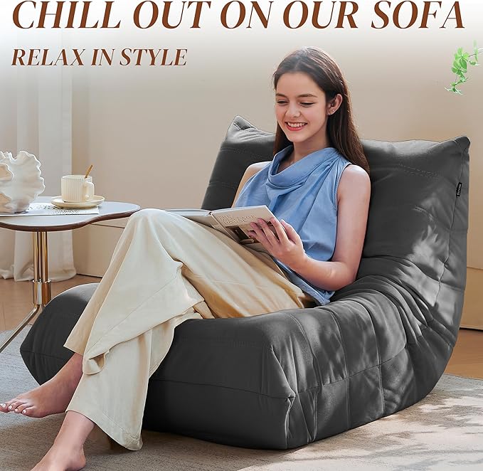 Bean Bag Chair, Fireside Chair Bean Bag Sofa for Adults, Bean Bag Chairs for Teens with High-Resilience Foam, Memory Foam & Non-Slip Base Bean Bag for Living Room, Bedroom, Office (Suede, Dark Gray)