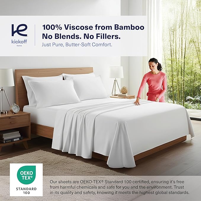 Kickoff Viscose Bamboo Sheets King Size 4-pc 100% Organic Bamboo Viscose Bed Cooling Sheets King Size Set Cool Bedding for hot Sleepers Sheet, Flat, Fitted, Pillowcases (Snow White,K)