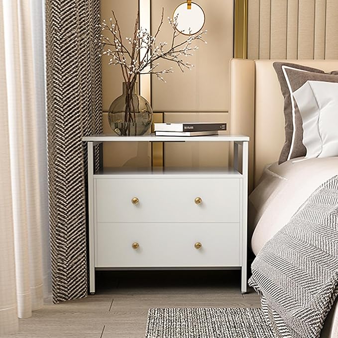 27 inch Wide Nightstand with Charging Station, Bedside Table with Open Shelf, 2 Drawers Small Wood Dresser, End Side Table for Bedroom (2 Pack,White)