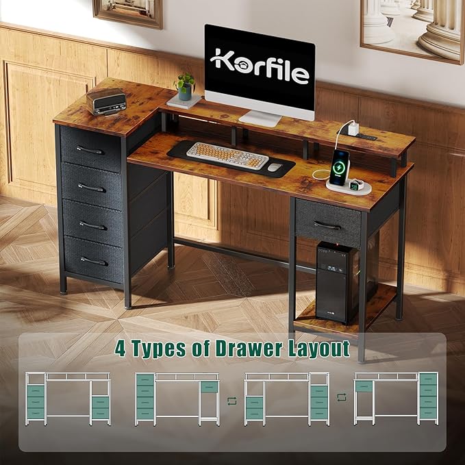 47 Inch Computer Gaming Desk with Power Outlets LED Lights Reversible Home Office with Adjustable Fabric Storage Drawers for Working Writing Study, Rustic Brown