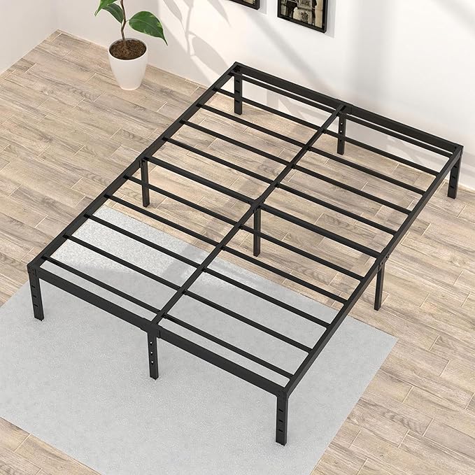 18 Inch Queen Bed Frame No Box Spring Required, Metal Platform Queen Size Bed Frames with High Storage, Eassy Assembly 3,500 Lbs Heavy Duty Bedframes, Black