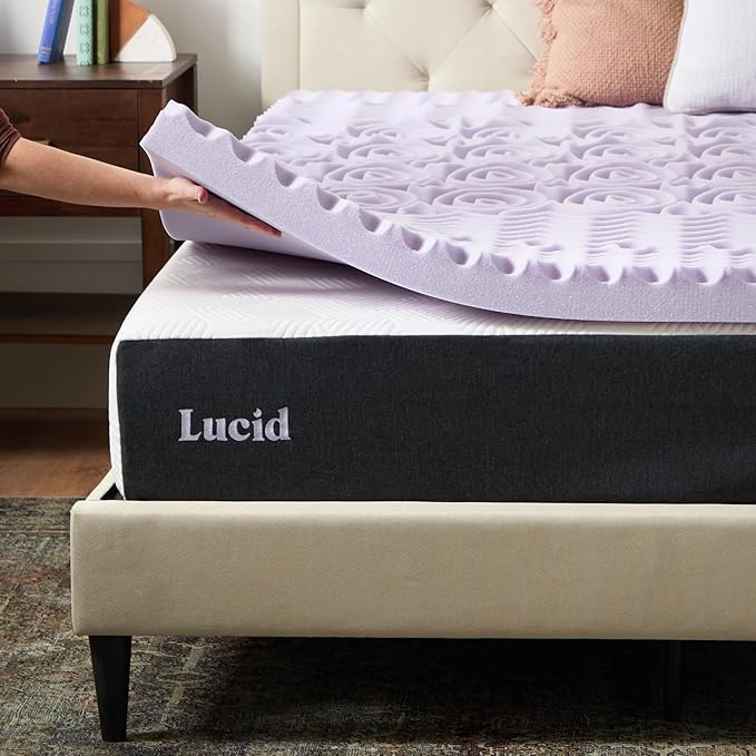 Lucid Lavender Infused 3 Inch Memory Foam Mattress Topper - King Size - Plush Feel - 5 Convoluted Zones - CertiPUR Certified - New Home Owner & Dorm Room Essentials