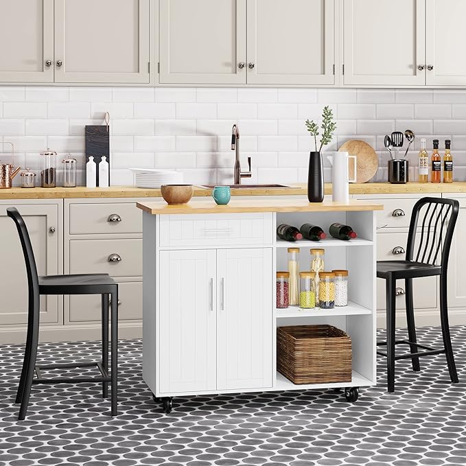 Shintenchi Kitchen Island Cart with Storage,Rolling Kitchen Island Side Table on Wheels with Large Worktop,Storage Cabinet,Towel Rack and Drawers for Kitchen,Dinning Room,White