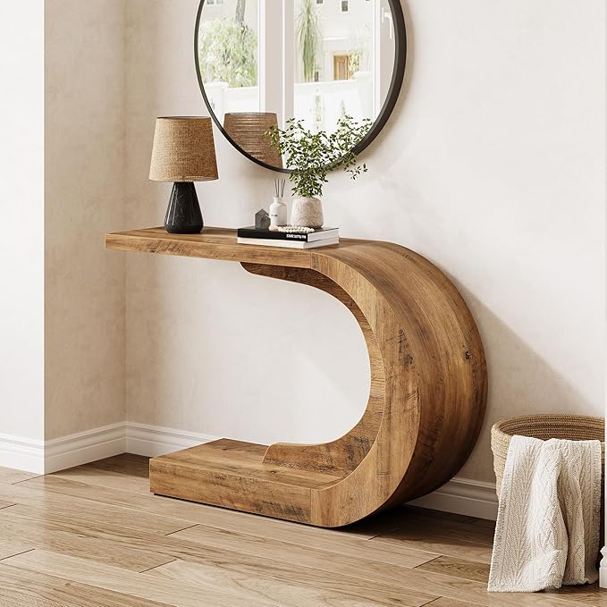 LITTLE TREE 43.3-Inch Farmhouse Console Table, 2-Tier C-Shaped Sofa Table Behind The Couch, Wooden Narrow Entryway Hallway Foyer Table for Living Room, Entrance, Rustic Brown
