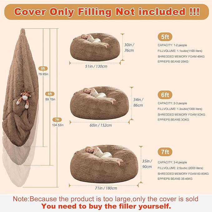 Stuffed Animal Storage Bean Bag Chair Cover (No Filler) Washable Ultra Soft Bean Bag Cover for Organizing Plush Toys or Textile, Sack BeanBag Covers for Adults, Teens, 6FT, Khaki