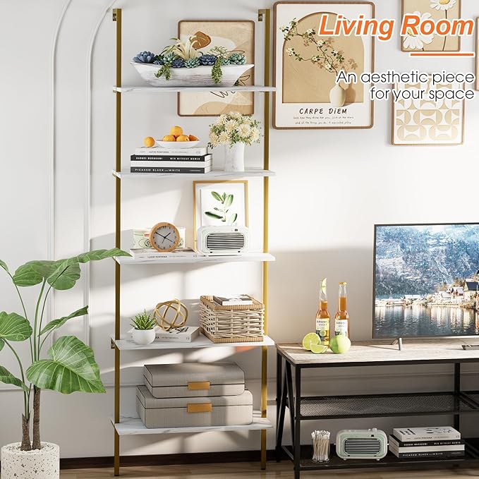 5 Tiers Ladder 2-Piece Shelf White Marble Modern Bookshelf Open Tall Wall Mount Bookcase Standing Leaning Wall Shelves Industrial Decorative