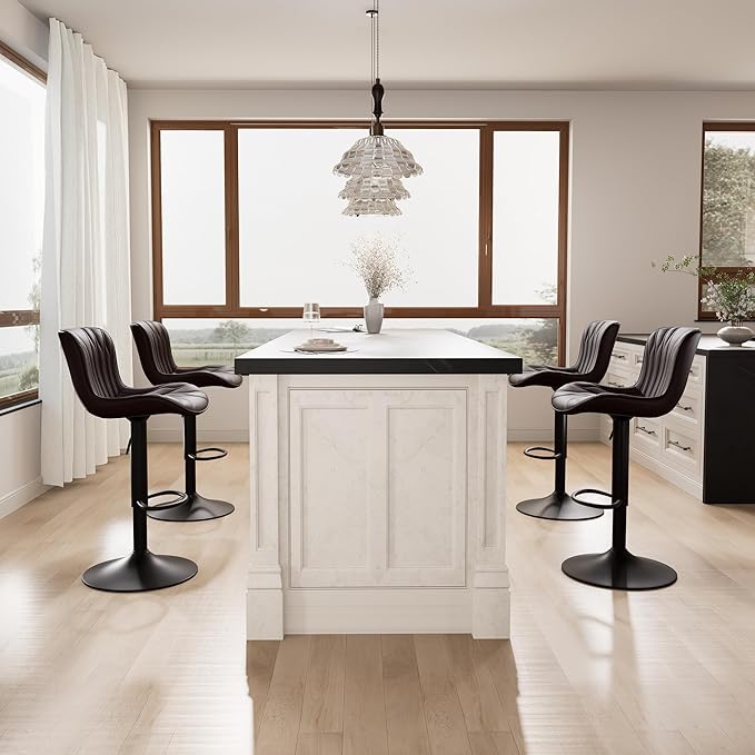 YOUNIKE Brown Bar Stools Set of 4 Modern Swivel Counter Height Bar Chair with Back Adjustable Kitchen Island Faux Leather Padded Barstools taburetes de bar Breakfast sillas para barra de cocina 4PCS