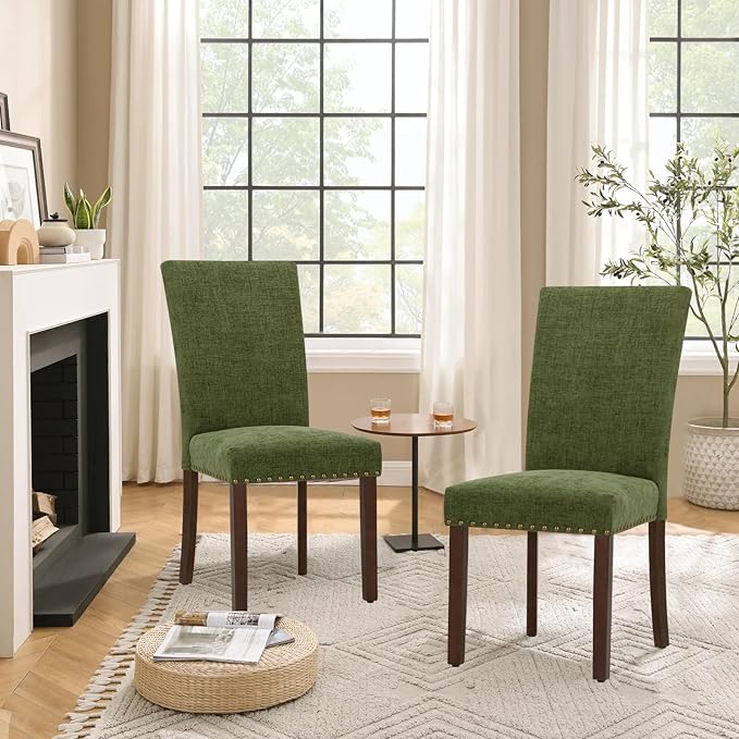 Parsons Dining Chairs Set of 2, Upholstered Nailhead Dining Room Kitchen Side Chair with Thick Cushions and Wood Legs, Green