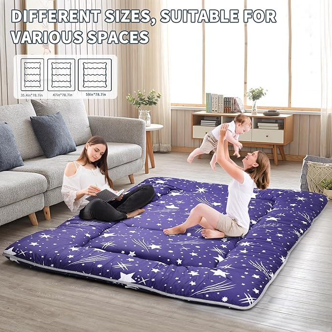 Japanese Floor Mattress,4" Thicken Japanese Floor Sleeping Pad Foldable,Futon Mattress Suitable for Camping and Guest Room (Blue, Full (80" X 47"))