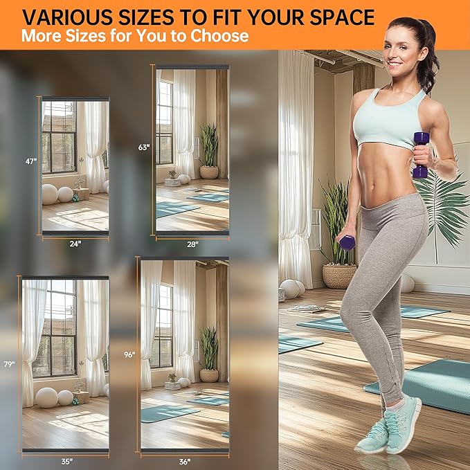 Hasipu 3 Pcs 55''x20'' Home Gym Mirror Large Full Length Wall Mounted Full Body Mirror for Yoga Dance Fitness Exercise Studio Bedroom Garage, Frameless Tempered Glass Workout Mirrors Black Rectangular