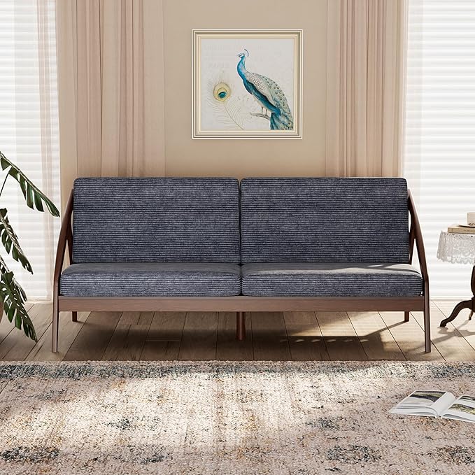 73.4" Solid Wood Upholstered Sofa, Comfortable Seat Cushion, White Waxwood Full Solid Wood Frame, Removable Cover, Suitable for Bedroom and Living Room, Easy to Assemble, Office Sofa