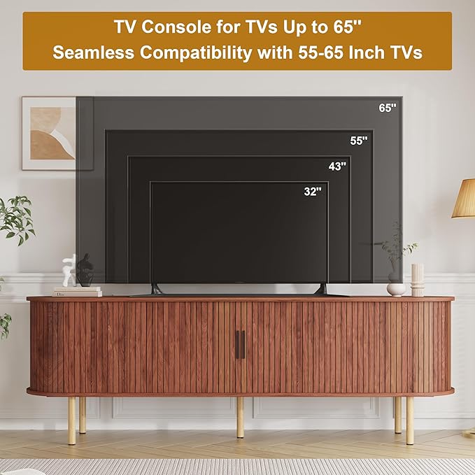 GarveeHome 70.1" TV Stand, Modern TV Console Table with Storage Compartment and Sliding Door, Gaming Entertainment Center with Cabinet for Living Room, Bedroom, Office, Walnut