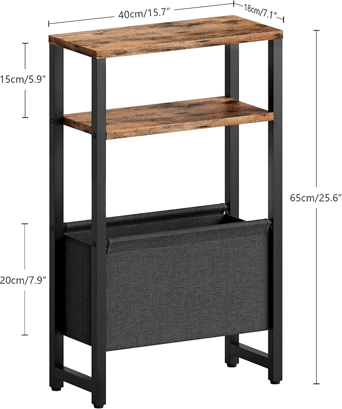 Narrow Side Table, Slim End Table with Magazine Rack, Bedside Table for Small Spaces, 3 Tier Sofa Couch Table Nightstand for Living Room, Bedroom Rustic Brown LET503R