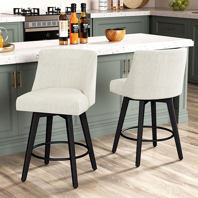 Counter Height Bar Stools Set of 8, Modern Swivel Barstools with Back and Wood Legs, Linen Fabric Upholstered Bar Chairs, 26" H Kitchen Counter Stools, Kitchen Island Home Bar, Ivory