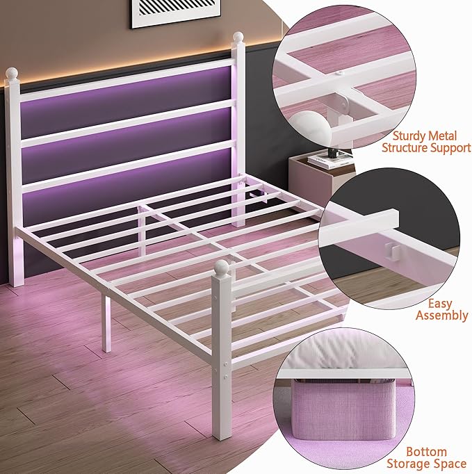 Queen Bed Frame with Headboard and Footboard,Steel Slats Support-LED Bed Frame with USB Charging Station,Mattress Foundation-Under Bed Storage,No Box Spring Needed,Noise Free,White