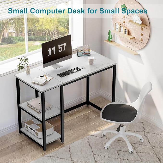 SINPAID Computer Desk 40 inches with 2-Tier Shelves Sturdy Home Office Desks with Large Storage Space Modern Gaming Desk Study Writing Laptop Table, Black Marbling (White Marble, 40 inch)