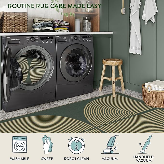 Lahome Modern Rainbow Easy Jute Indoor Outdoor Rugs, 5x7 Dark Green Rug for Living Room Office, Farmhouse Non Slip Non Shedding Floor Carpet for Dining Room Deck Sunroom