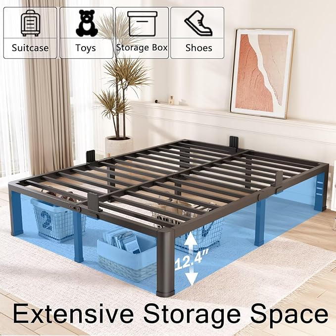 FUIOBYVV 14 Inch Full Bed Frame with Rounded Corner and Headboard Hole Mattress Retainers 3500 LBS Metal Heavy Duty Steel Slats Support No Box Spring Needed Platform Noise Free Easy Assembly