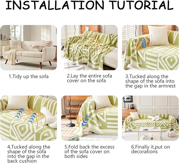 HANDONTIME Green Sofa Covers Chenille Couch Covers Universal Sofa Cover Boho Cover for Sofa 3 Seats Dogs Couch Furniture Protector Couch Cushion Covers Sectional Couch Covers for L Shaped 71" X118"