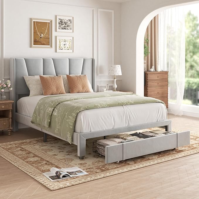 Full Bed Frame with Storage Drawers, Upholstered Platform Bed with Headboard and Wingboard, No Box Spring Needed, Noise Free, Easy Assembly, Wooden Support Slats, Light Grey
