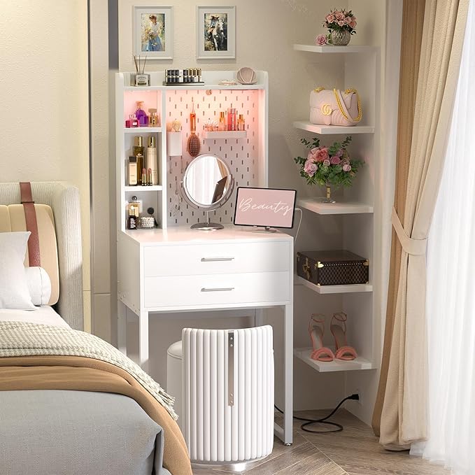 Small Vanity Desk with Hutch and Drawers, White Makeup Vanity Desk with Charging Station, Vanity Table Dressing Table with LED Lights, Vanity Desk No Mirror with Pegboard for Girls Women, 24"